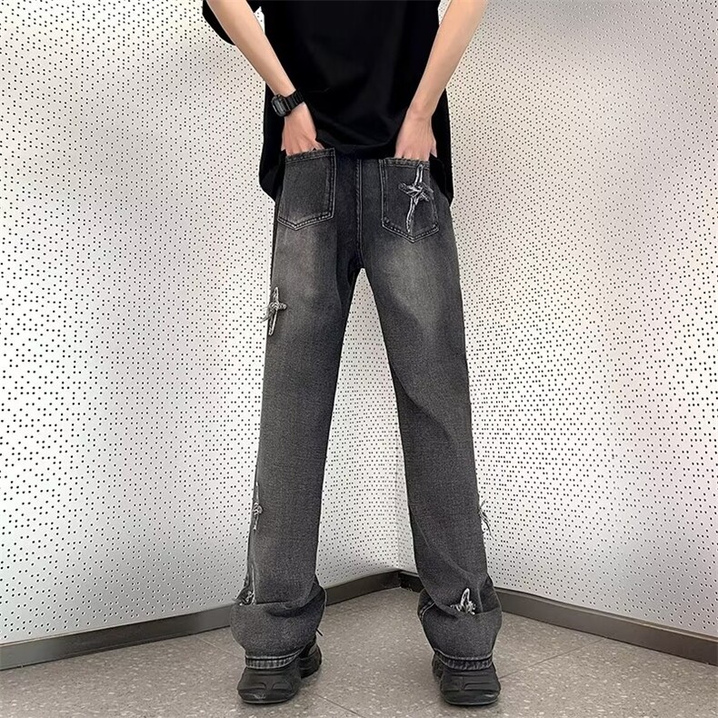 十字牛仔直筒裤男款夏季潮痞帅宽松百搭阔腿长裤子N07182-P45,男装牛仔裤,星座308B-1