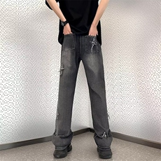 十字牛仔直筒裤男款夏季潮痞帅宽松百搭阔腿长裤子N07182-P45，男装牛仔裤，星座308B-1