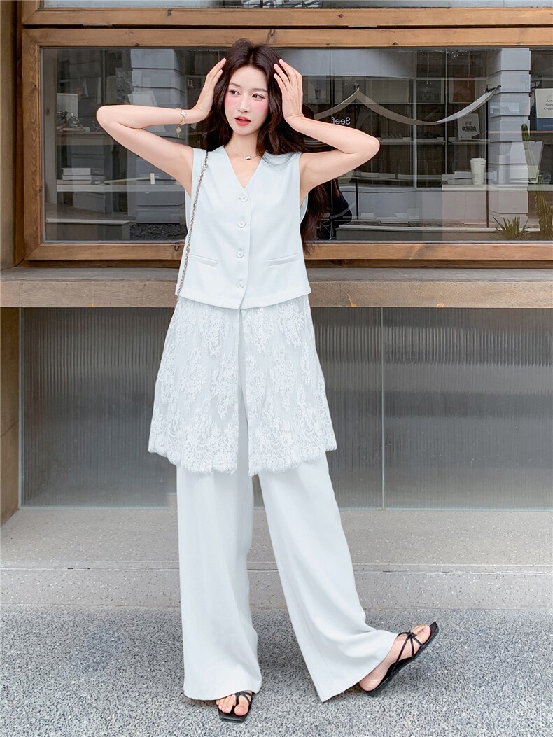 轻熟风气质套装女2026夏季拼蕾丝西装马甲显瘦阔腿裤两件套,女装套装/套裙,流量+