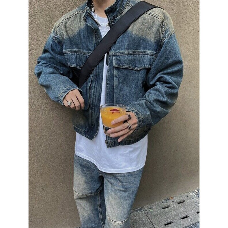 新款春秋美式复古水洗牛仔衣短外套男潮牌棒球服工装夹克,男装夹克,星座506A