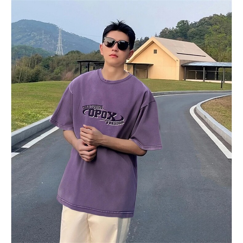 抖音得物供货240克重磅现货宽松美式纯棉水洗做旧印花T恤ATSX01,男装T恤,电商A443