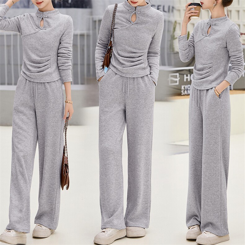 燕麦色新中式盘扣时尚休闲运动套装女春秋季修身显瘦阔腿裤两件套，女装套装/套裙，江南女神