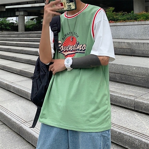 假两件宽松印花休闲T恤男短袖拼接球衣圆领上衣X17P30图片