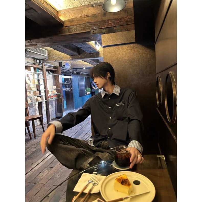 现货蓝色格子拼接翻领长袖上衣情侣款男女假两件衬衫CX03-p45,男装衬衫,星座910A