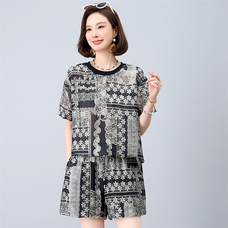 亚麻套装女2025年夏季新款时尚宽松中年妈妈大码棉麻短款两件套,女装套装/套裙,江忆布依