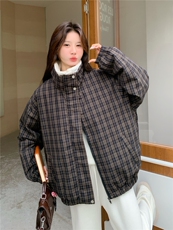 复古格子羊羔毛翻领羽绒服女2025冬季短款加厚面包服宽松保暖外套，女装羽绒服，艾米莉亚