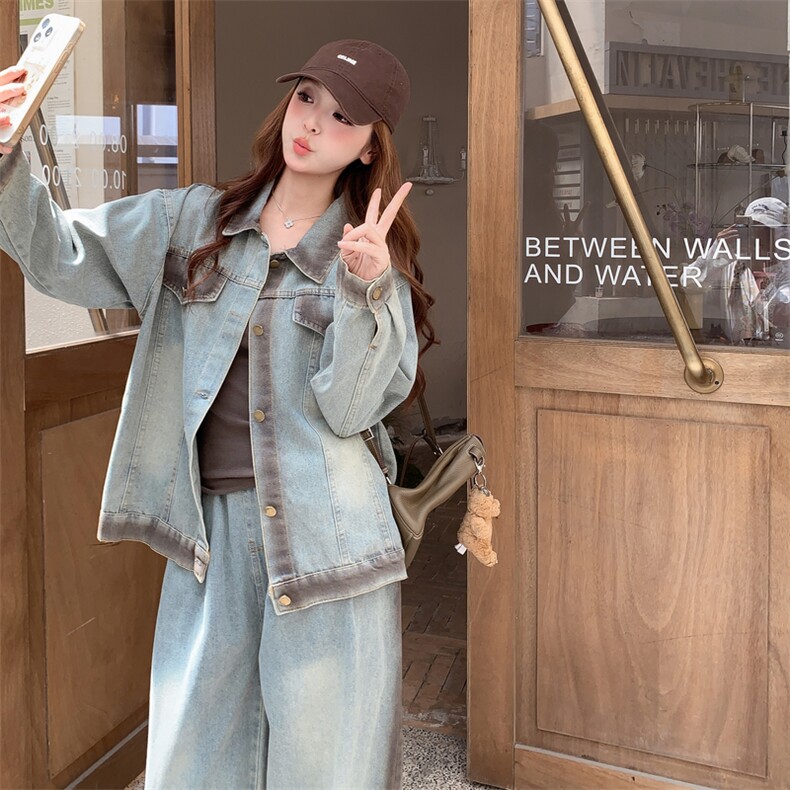 韩系设计感牛仔套装女撞色拼接2025秋季新款设计感上衣长裤两件套,女装套装/套裙,2C283