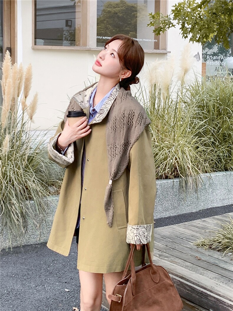休闲披肩碎花拼接卡其色风衣外套女春秋2025新款巨好看高级感大衣,女装风衣,浙宝106