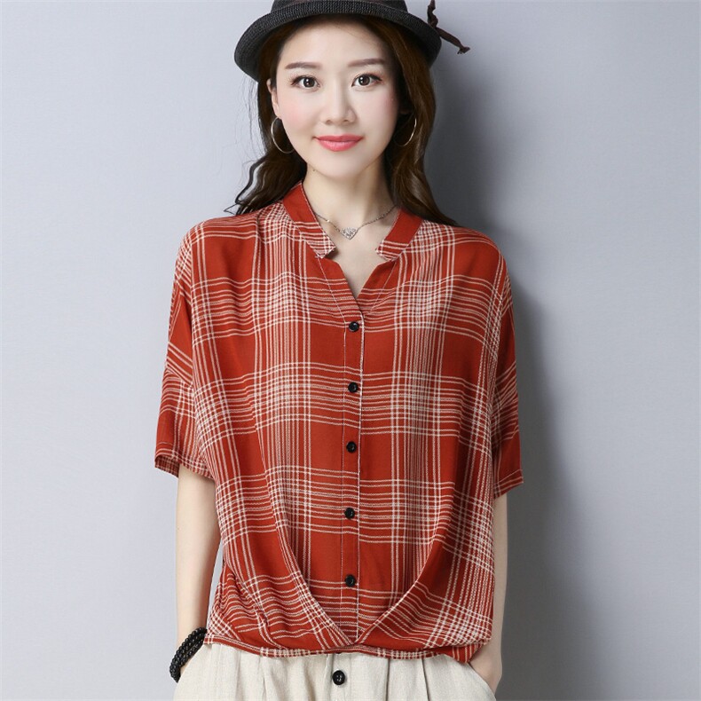 衬衫涤纶格子排多扣2021年夏季五分袖直筒纽扣咖啡色舒适修身，女装T恤，丽影随形
