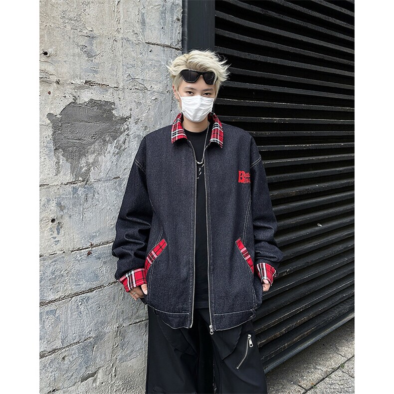 潮牌格子撞色翻领牛仔外套男女刺绣春秋情侣夹克上衣JK08365-P68图片