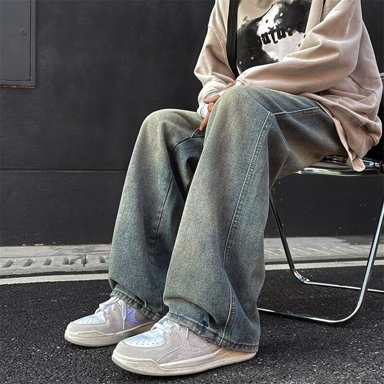 牛仔裤男美式高街vibe复古直筒水洗做旧休闲长裤1001-1-WH103-P48图片