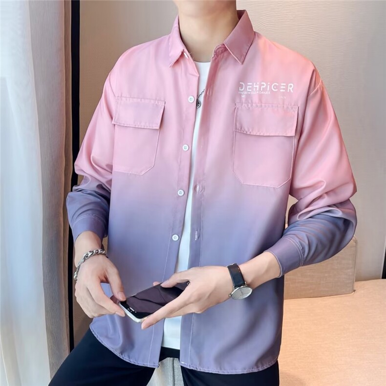 渐变色长袖衬衫男春夏秋季薄款休闲上衣港风帅气潮牌衬衣638/P35,男装衬衫,星座506