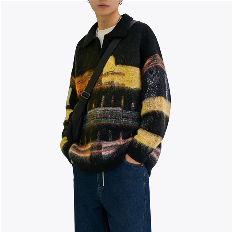 美式覆古chic撞色翻领针织衫男女秋冬宽松bf慵懒风休闲套头毛衣潮，男装针织衫/毛衣，星座813-2