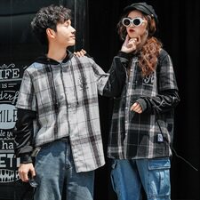 709-C809-P752021春秋季新款情侣连帽宽松休闲格子衬衫外套男，男装衬衫，星座709
