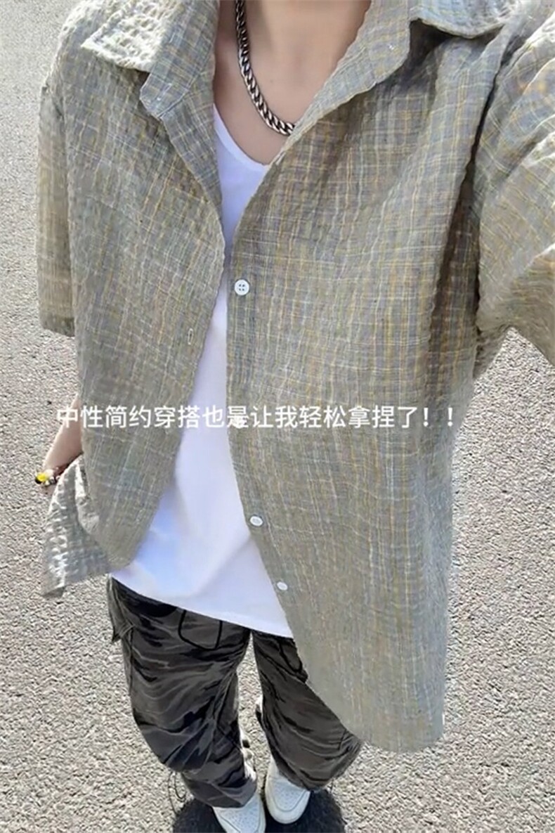 B221美式ins高街宽松薄款泡泡格短袖衬衫SY2548-特P35控59,男装衬衫,电商B221