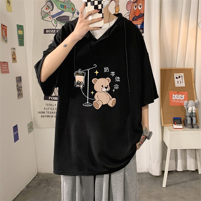LD54194-P45连帽短袖t恤男大码胖子带帽五分袖中袖,男装T恤,电商A040
