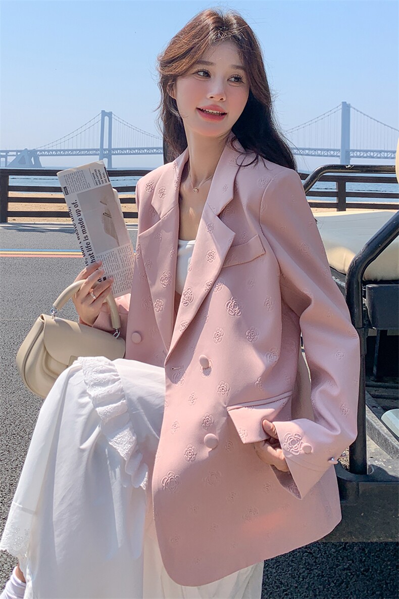 小个子提花粉色西服女2024春秋新款休闲宽松小众设计感小西装外套,女装西装,流量+