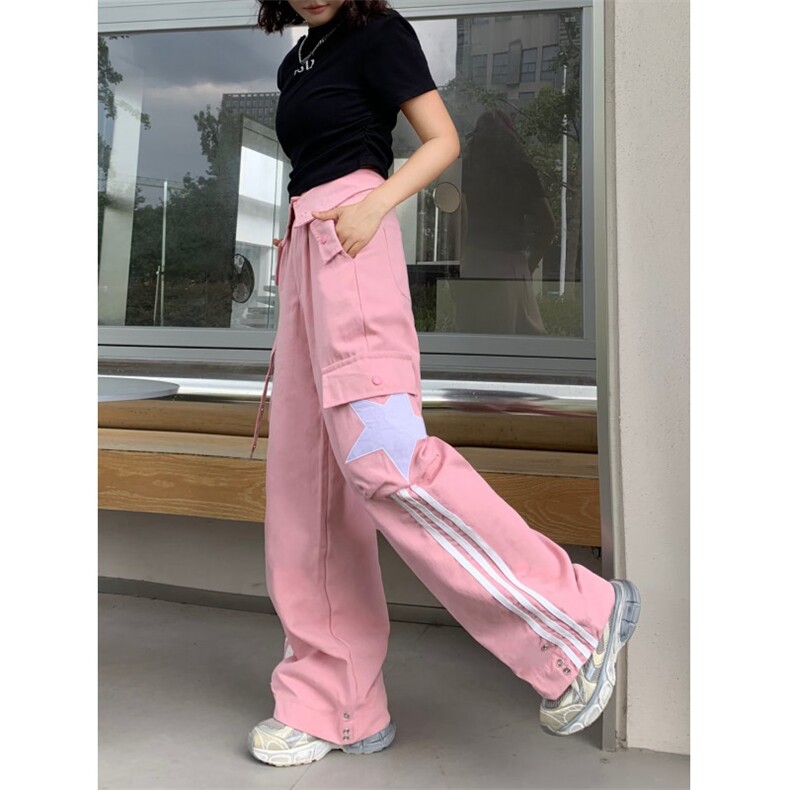 欧美式复古高街裤子hiphop条纹星星工装裤男女翻边设计感宽松秋季,男装工装外套,星座1013