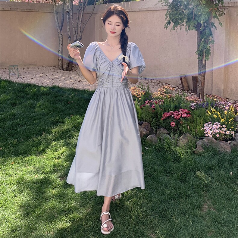 夏季新款优雅气质V领收腰显瘦连衣裙甜美淑女风支持退换货,女装连衣裙,灵力轩