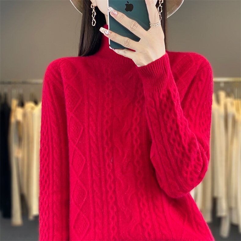 秋季25新款毛衣女半高领套头针织打底衫长袖保暖提花洋气内搭毛衫，女装羊毛衫，鸿陌羊绒