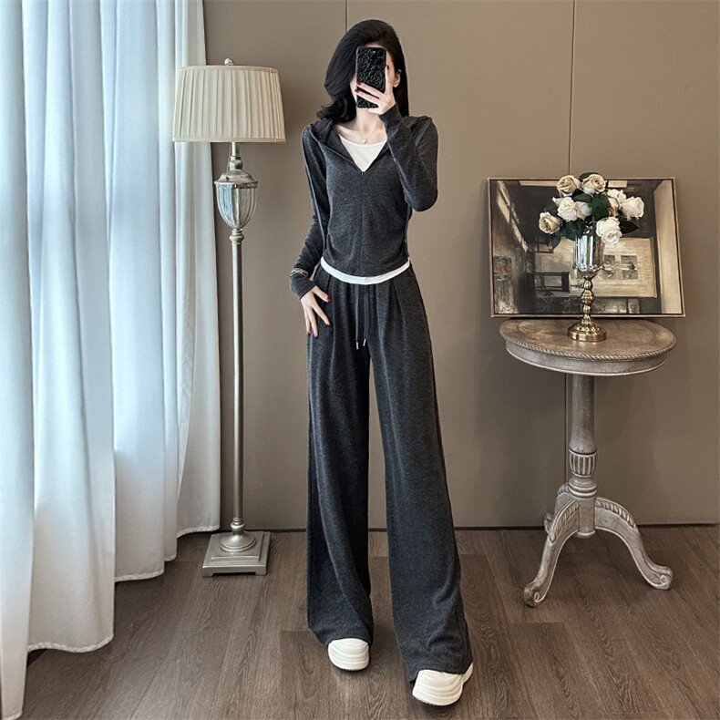 灰色运动套装女春秋2025新款超火高级松弛感休闲卫衣阔腿裤两件套,女装套装/套裙,江南