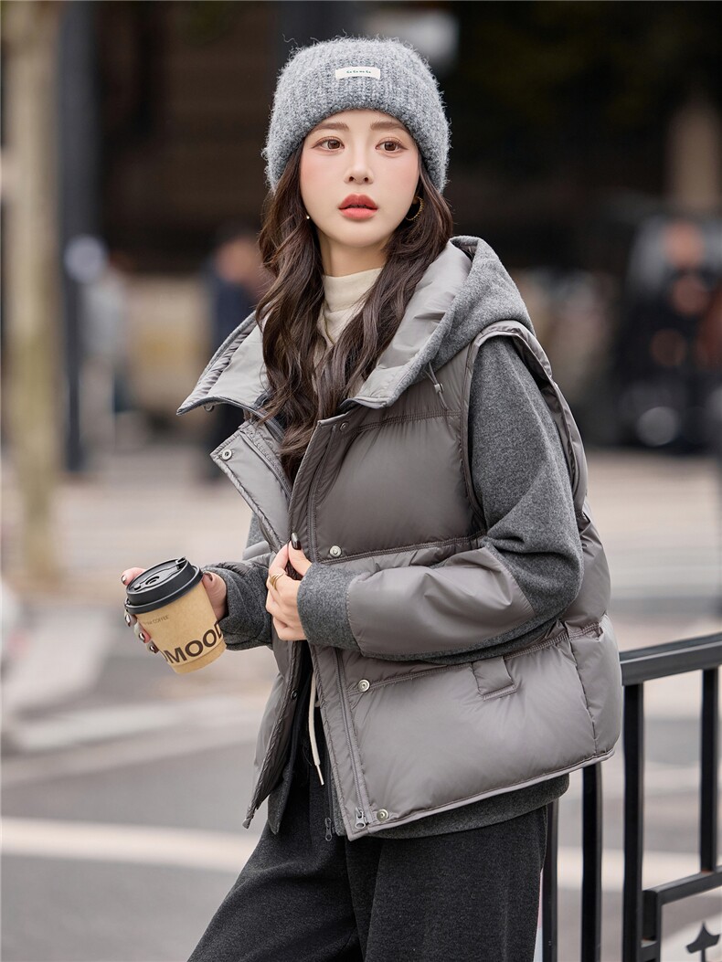 2025冬季新款两件套加绒连帽卫衣羽绒马甲保暖短款套装,女装羽绒服,深水步