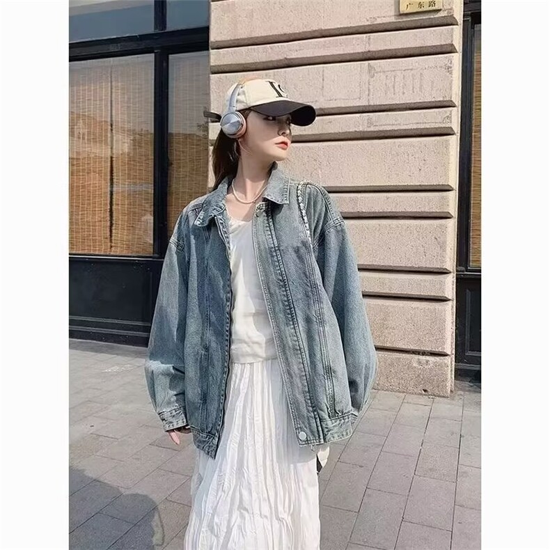 2025牛仔外套男女春季2025宽松美式高街复古翻领夹克拉链上衣潮流,女装短外套,星座506A