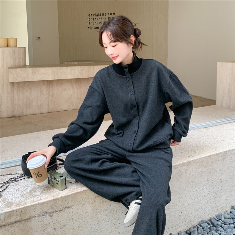 灰色松弛感加绒加厚立领卫衣两件套女2025冬季新款学院风显瘦卫裤,女装套装/套裙,艾米莉亚