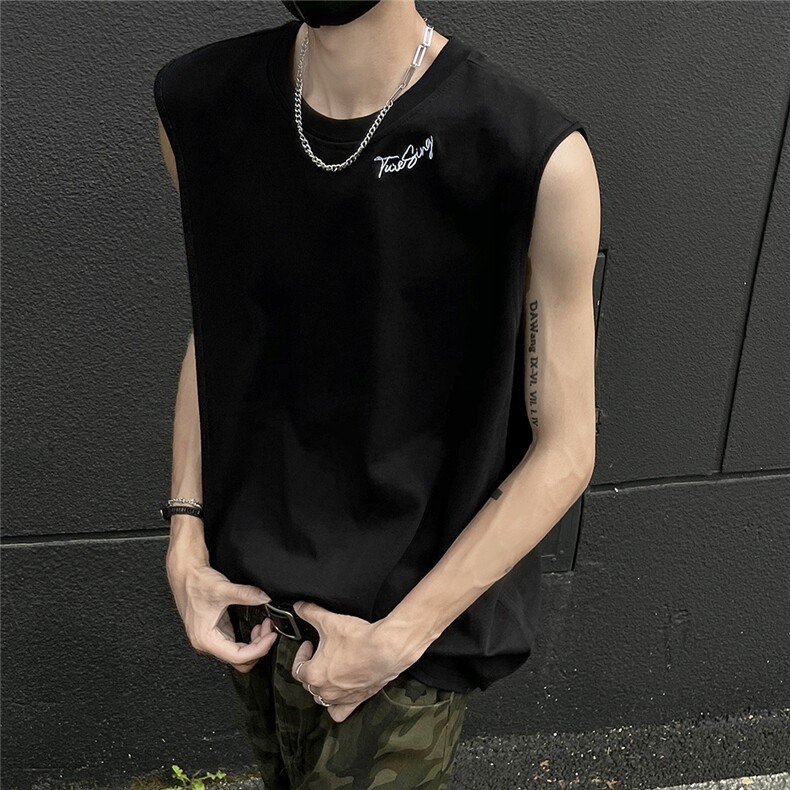EQ436240克纯棉夏季背心短袖男字母刺绣无袖圆领T恤宽松大码潮,男装T恤,电商C306-1