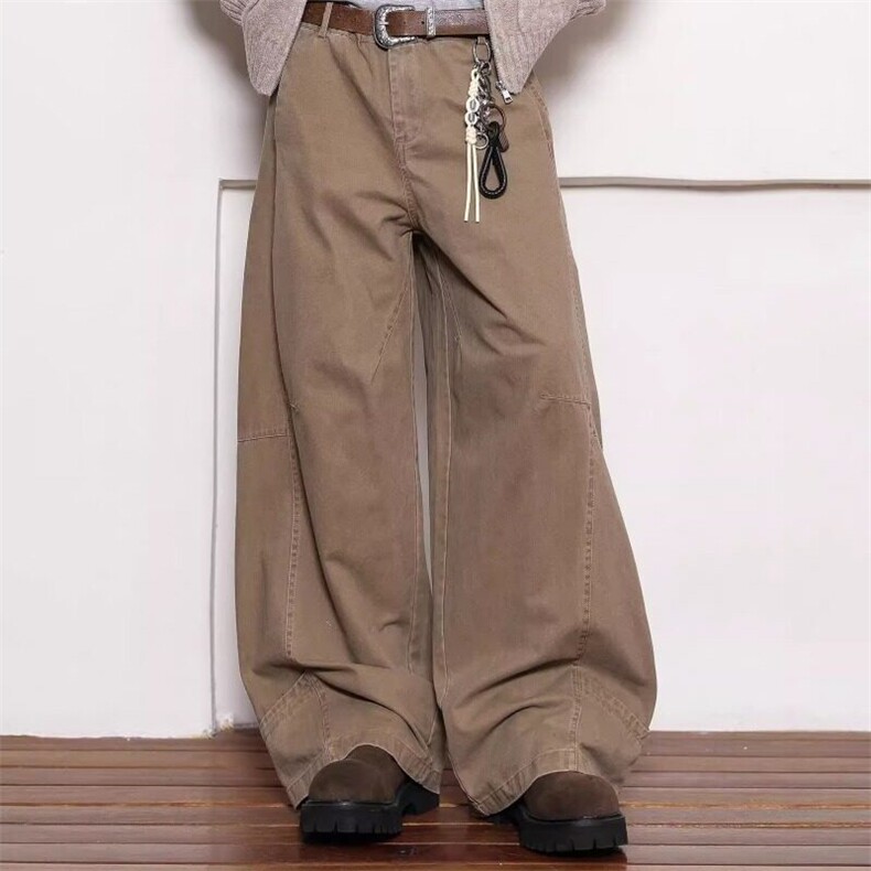 美式街头解构拼接弯刀休闲裤男直筒阔腿小众潮牌酒红色工装牛仔裤，女装休闲裤，星座506A