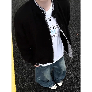 灰色假两件开衫毛衣外套男秋冬cleanfit美式慵懒松弛感纽扣针织衫图片
