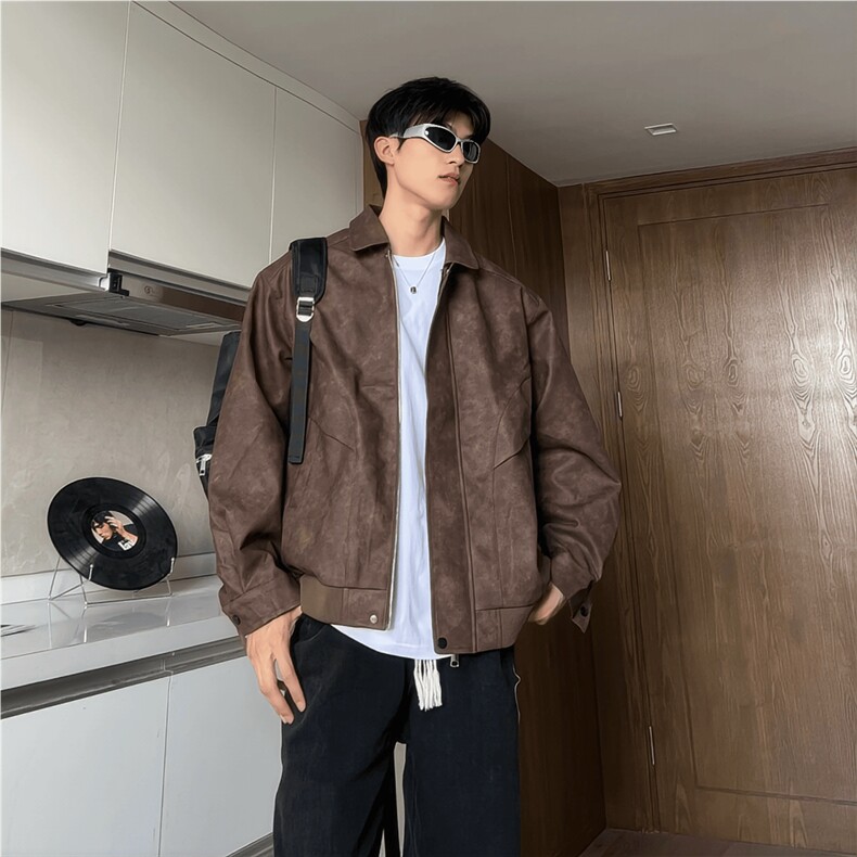 美拉德美式复古棕色皮衣外套男潮高级感皮夹克休闲pu上衣JKB001图片