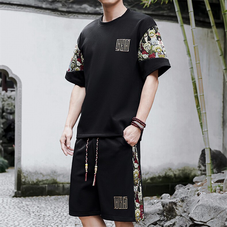 夏季拼接男士休闲运动套装男宽松刺绣T恤一套潮A266-TZ8807-P47,男装T恤,电商A266