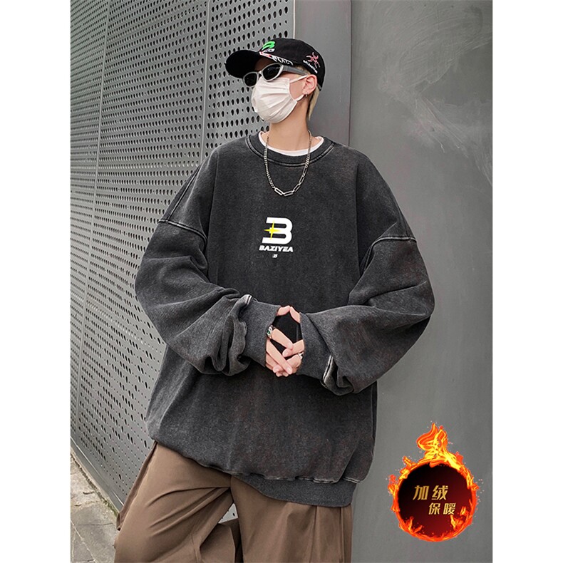 得物抖音高品质二开360克重磅做旧炒雪花纯色圆领水洗卫衣1523,男装卫衣,电商A486
