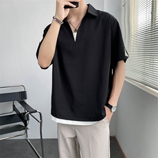 夏季新款冰丝面料套头中袖衬衫五分袖纯色拼接上衣A328-2231-P50，男装衬衫，星座406