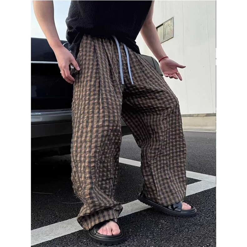 夏季薄款格子休闲裤男美式复古慵懒风直筒哈伦裤NIS韩版运动长裤，女装休闲裤，星座506A