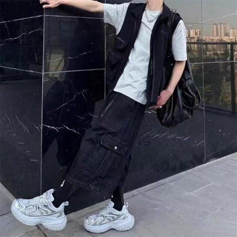 美式街头多口袋工装设计牛仔短裤男休闲cleanfit直筒阔腿七分中裤,男装牛仔裤,星座506A