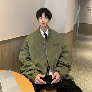 A693-P60美式复古oversize纯色棒球服男秋季古着感情侣款外套