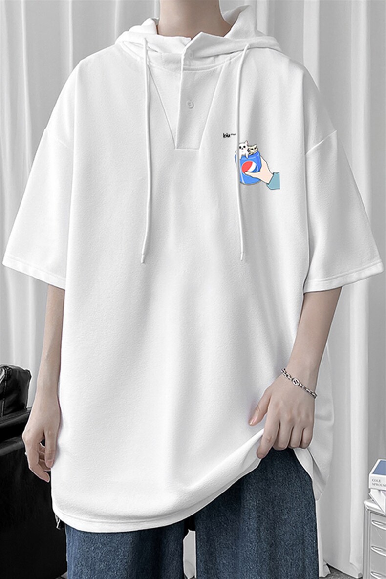 LD54262-P45连帽短袖t恤男大码胖子带帽五分袖中袖,男装T恤,电商A040