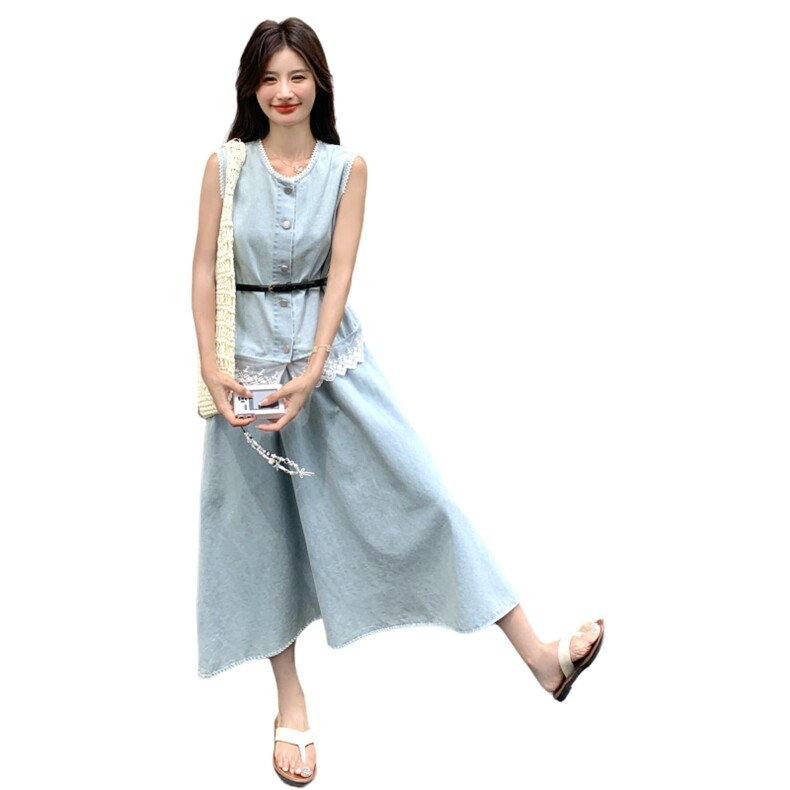 2025新款夏季时髦蕾丝拼接牛仔手套套装女高级感韩系半身裙两件套,女装套装/套裙,2C012