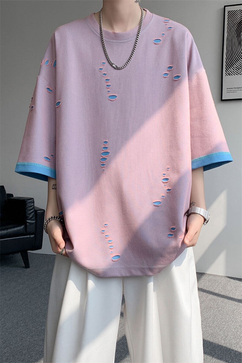 T10137-特批33控68开口笑高品质夏季大码短袖破洞潮流百搭T恤,男装T恤,电商A059
