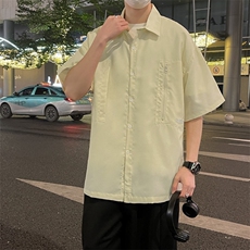 工装短袖衬衫男夏季新款宽松五分袖翻领衬衣休闲痞帅外套C2239，男装衬衫，星座1116A-1（原606A）
