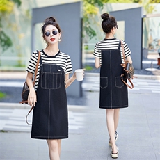 全棉舒适假两件条纹背带裤连衣裙，女装连衣裙，辰辰家