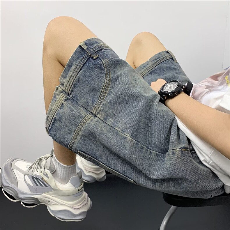 男士牛仔裤夏季薄款美式复古高街潮牌五分裤宽松直筒休闲水洗中裤,男装牛仔裤,星座1013