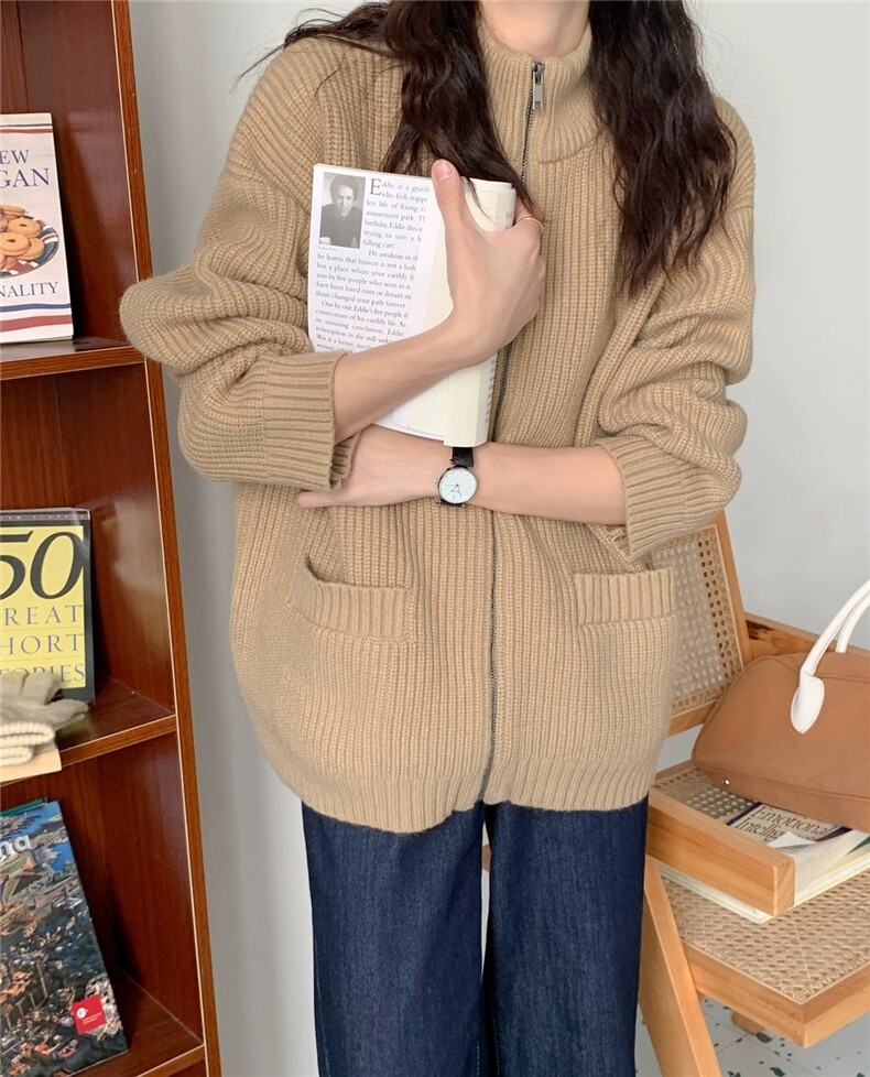拉链纯色长袖针织开衫女宽松百搭休闲外套上衣,女装羊毛衫,恩泰羊绒