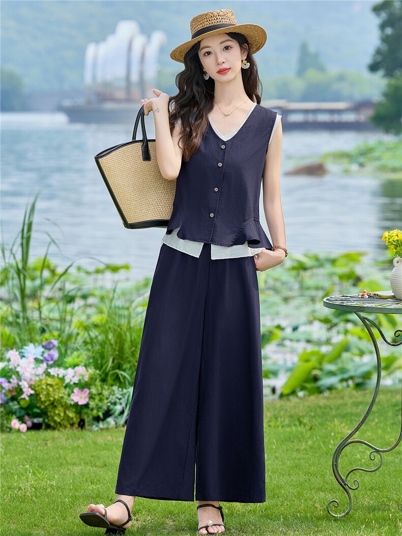 现货2026夏季时尚潮流天丝亚麻老钱风马甲三件套加阔腿裤套装,女装套装/套裙,兰菲阁