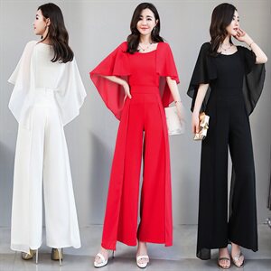 2021夏季时尚优雅舒适气质修身阔腿裤雪纺简约纯色两件套装图片
