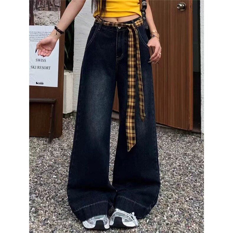 美式复古格子拼接绑带牛仔裤女夏季2025新款宽松直筒阔腿裤子,男装牛仔裤,星座1210-1