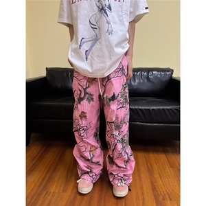 多巴胺美式复古树枝涂鸦休闲裤男女春秋季宽松迷彩印花直筒工装裤图片