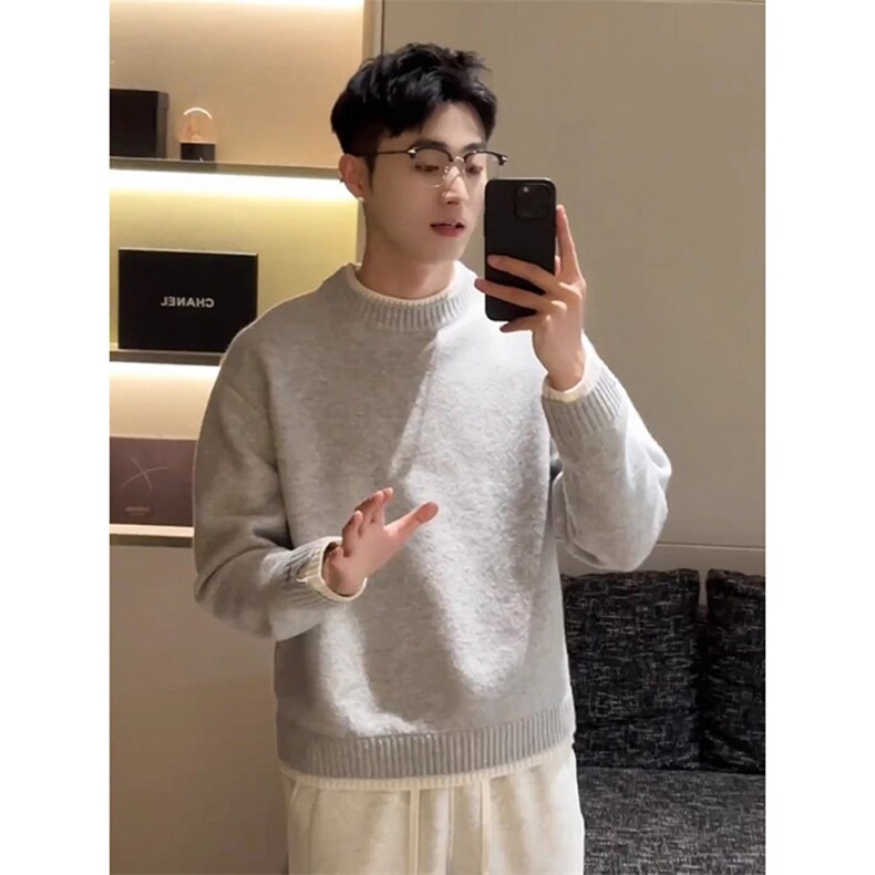 灰色假两件毛衣男秋冬高级感针织衫cleanfit慵懒打底衫LZ177-P58,男装T恤,星座1008